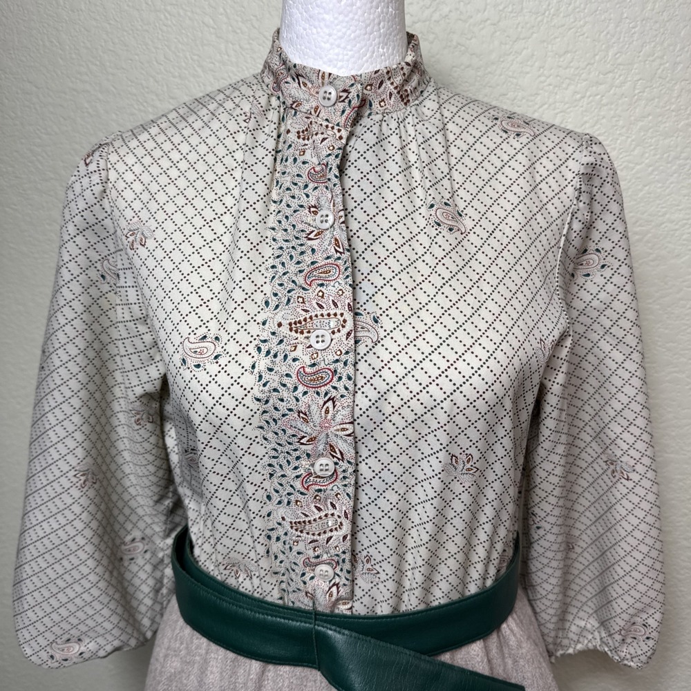 Vtg 1970s Shelby Place Mod Geometric Paisley Mock Neck Belted Skirt Dress 8 USA - Picture 2 of 9
